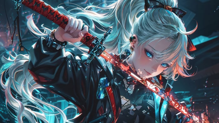 Anime Girl with Katana in Sci-Fi City 4K