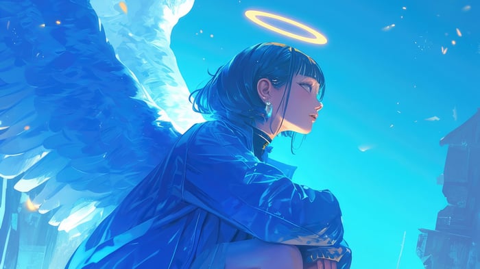 Anime Angel Girl with Blue Wings 4K
