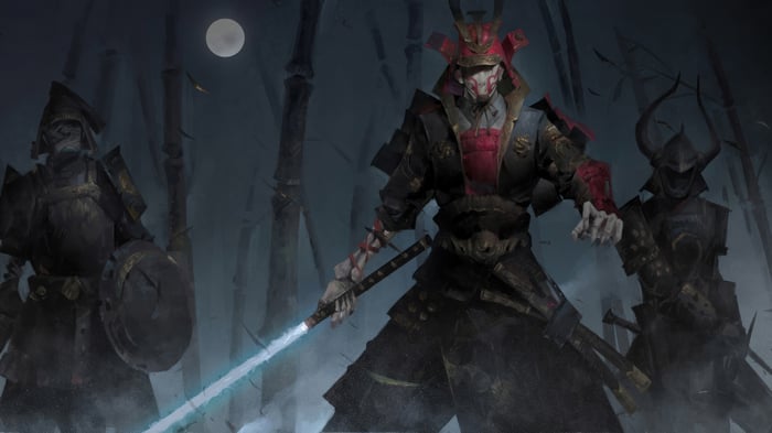 Samurai warriors in a dark bamboo forest under the moon