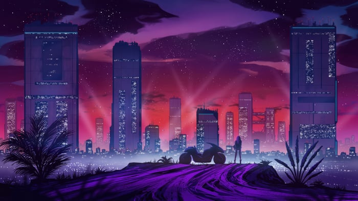 Futuristic Cityscape at Night with a Motorcycle and Person