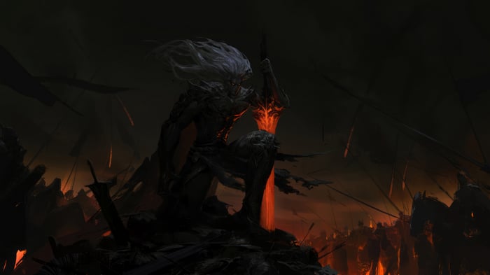 Fantasy Warrior with Fiery Sword on Battlefield 4K