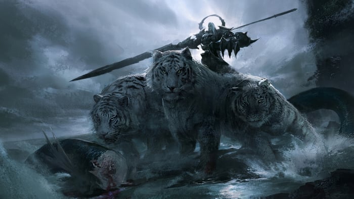 Fantasy Warrior with White Tigers and Giant Sword 4K