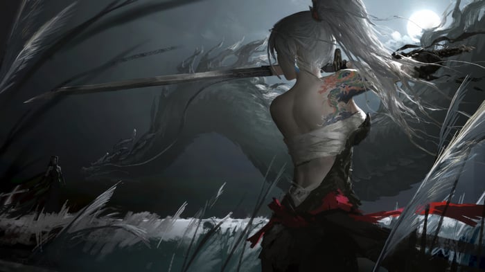 Girl Warrior with Katana Fights a Dragon in 4K