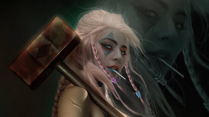 Harley Quinn with a hammer and lollipop 4K