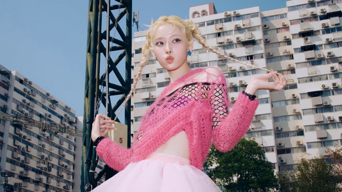 Winter from Aespa in pink outfit with braided hair