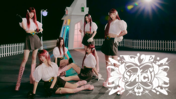 IVE members in a stylized outdoor setting with logo