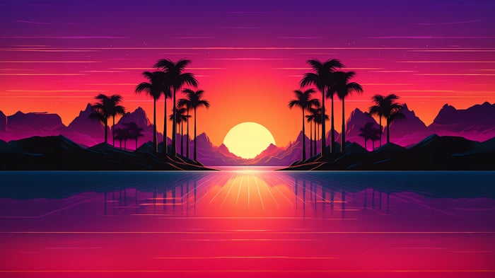Retrowave Sunset with Palm Trees and Mountains 4K