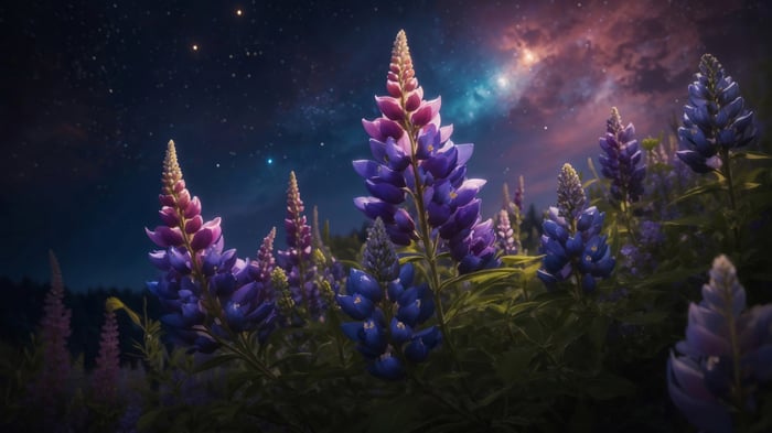 Purple and Pink Lupine Flowers Under a Starry Night Sky