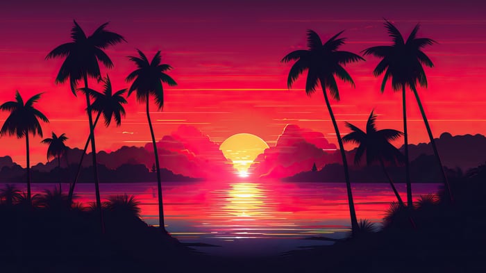 Sunset over the ocean with palm trees, 4K