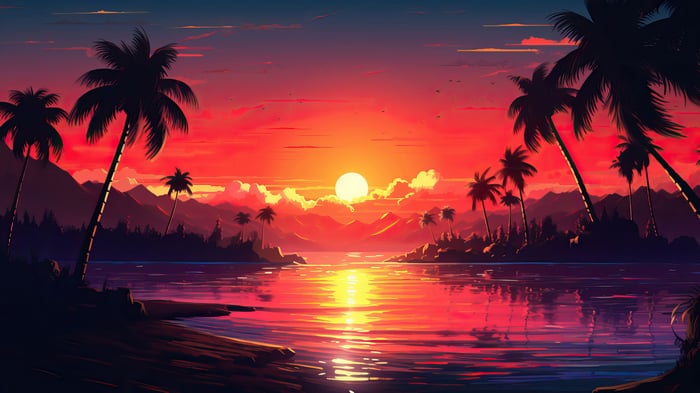 Sunset over the ocean with palm trees and mountains 4K