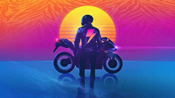 Biker with Motorcycle in Outrun Sunset 4K