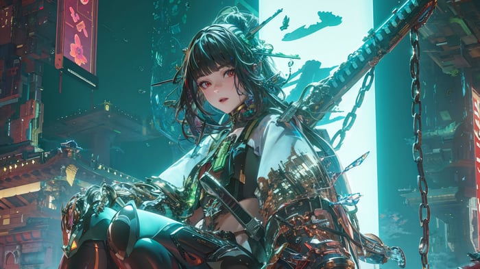 Anime Girl Samurai with Katana in Sci-Fi City 4K