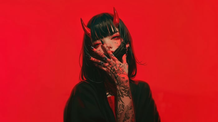 Anime Demon Girl with Horns and Tattoos 4K