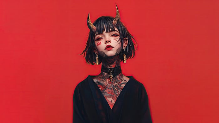 Anime Demon Girl with Tattoos and Horns 4K