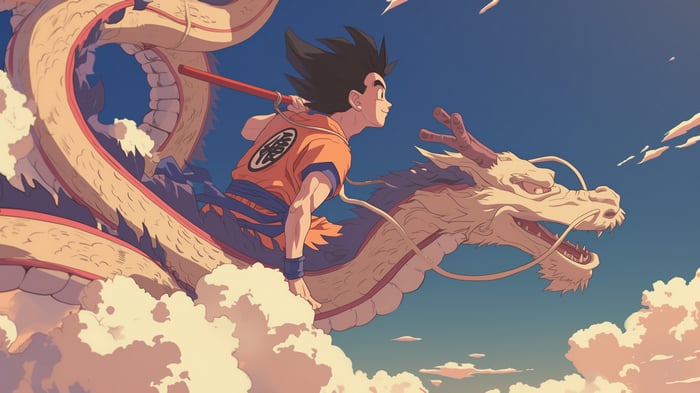 Son Goku rides Shenron through the clouds