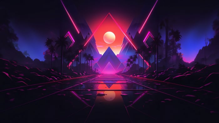 Retrowave road with pyramids and palm trees