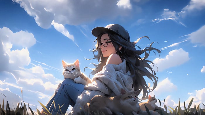 Anime Girl with Glasses and Cats in 4K