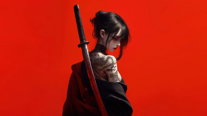 Anime girl with katana and dragon tattoo 4K