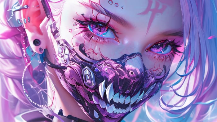 Anime Girl with Pink Hair and Cyberpunk Mask 4K