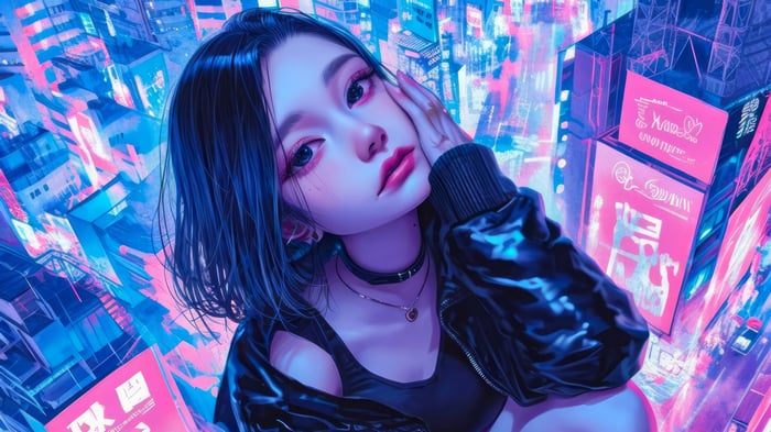 Anime Girl with Short Hair in a Neon Cityscape 4K