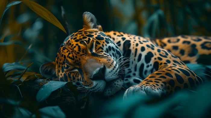 Jaguar sleeping in lush green foliage