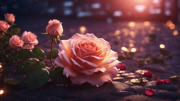 Pink Roses on Cobblestone Path 4K