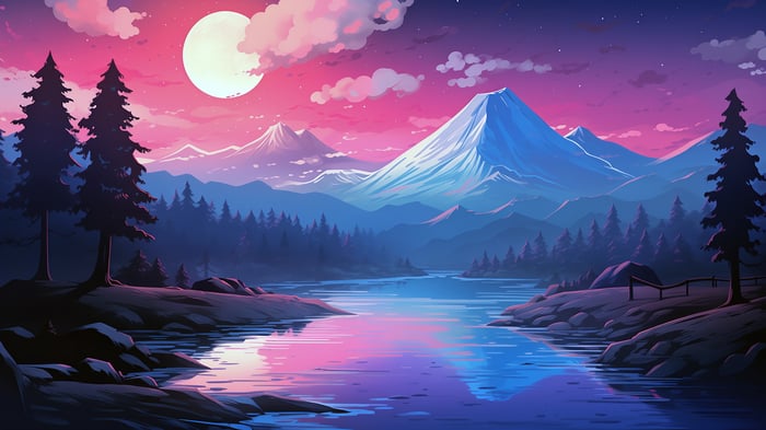 4K Night Scenery with Moon, River, and Mountains