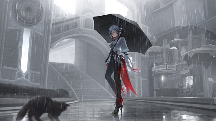 Arlecchino from Genshin Impact in the rain