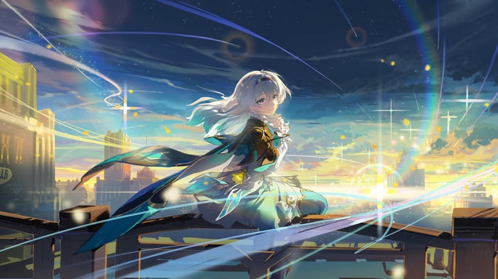 Firefly from Honkai: Star Rail in a city at sunset