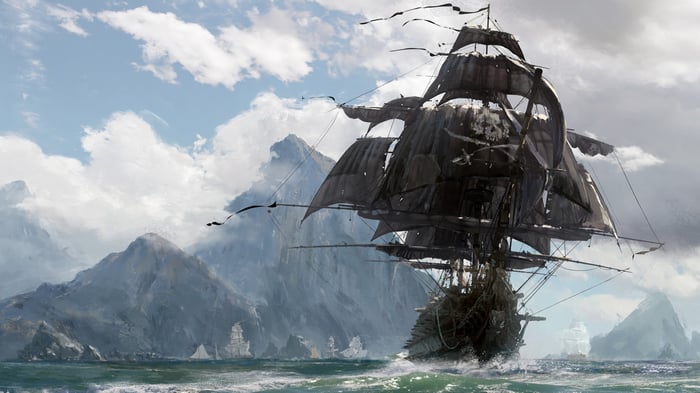 Pirate Ship with Skull and Bones Flag in 4K