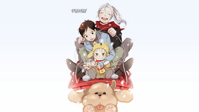 Victor Nikiforov, Yuuri Katsuki, and Yuri Plisetsky on a Sled