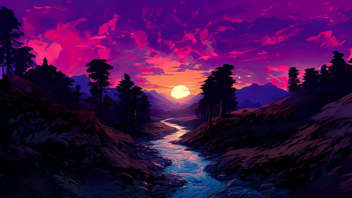 Sunset over a river in a mountainous landscape