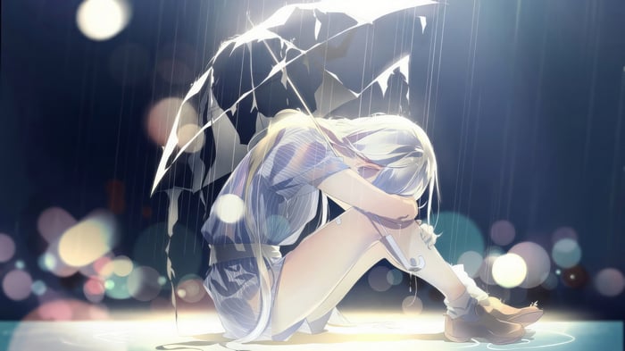 Anime girl sitting alone under a broken umbrella in the rain