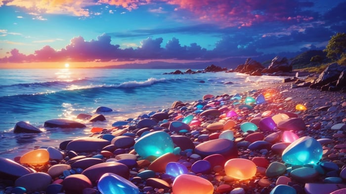 Colorful Pebbles on a Beach at Sunrise