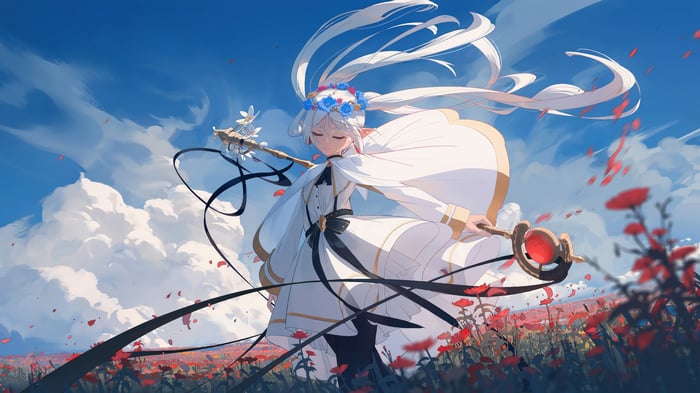 Frieren in a field of red flowers under a blue sky