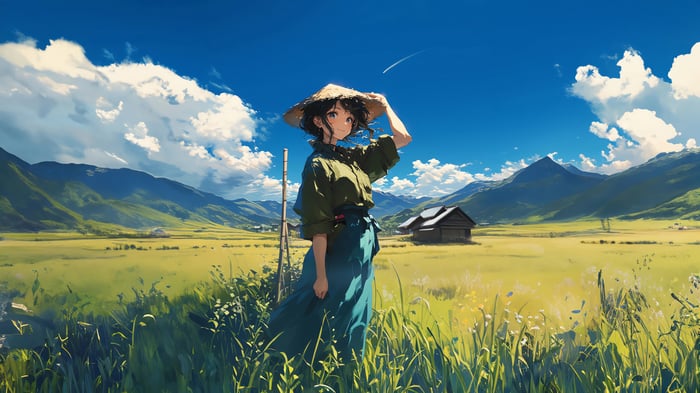 Anime Girl in Straw Hat in Countryside Scenery 4K
