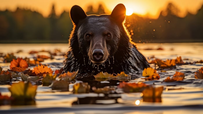 Black Bear in Water with Autumn Leaves at Sunset 4K