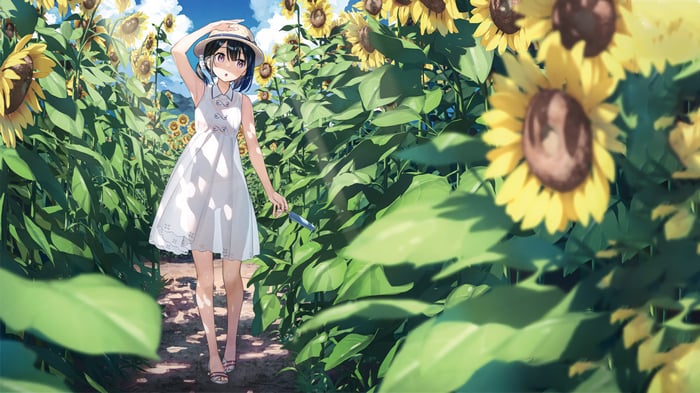 Anime Girl in Sunflower Field 4K
