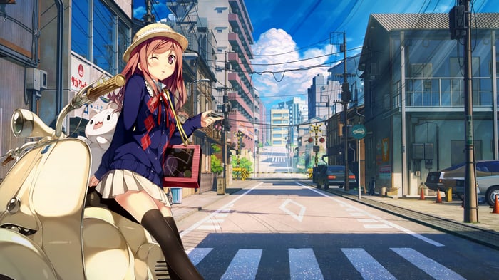 Anime girl on a motorcycle in a city street