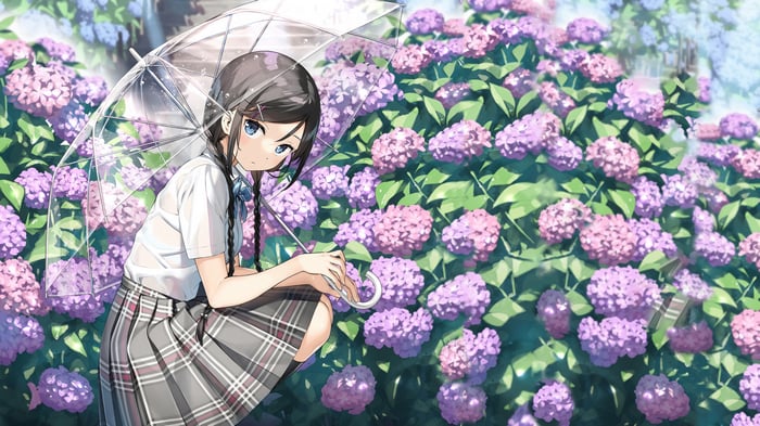 Anime Girl with Umbrella Among Hydrangeas 4K