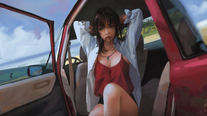 Anime Girl in Red Car 4K