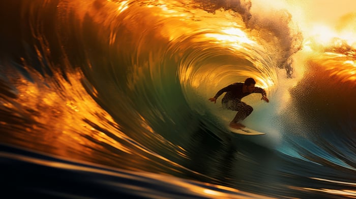Surfer riding a golden wave in 4K