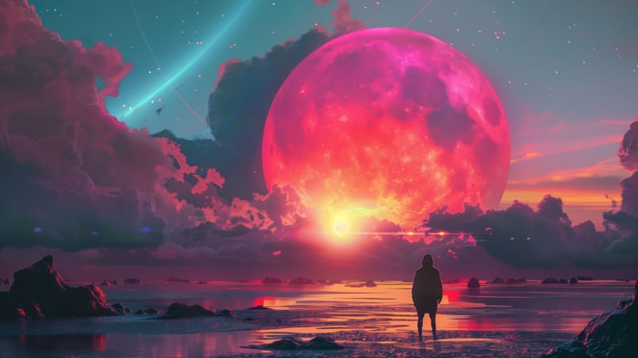 Digital Art Scenery of a Large Pink Moon at Sunset