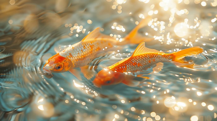 Two Goldfish Swimming in Water with Bokeh Lights