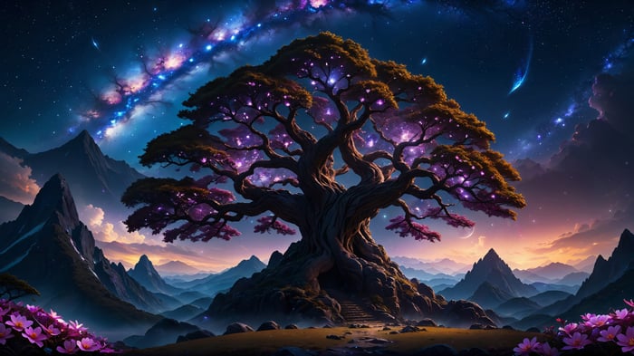Fantasy Tree at Night with Galaxy Sky