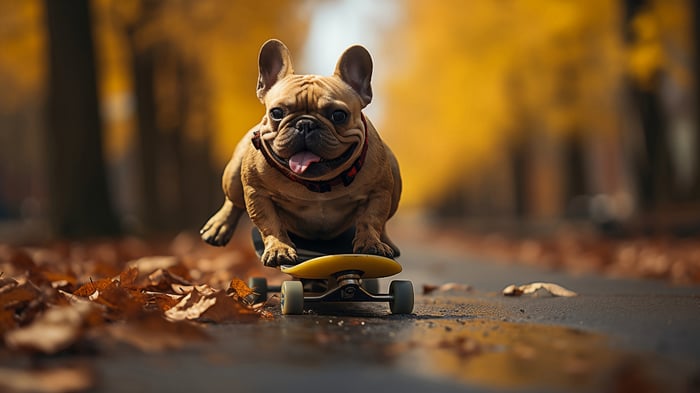 French Bulldog Riding a Skateboard in Autumn