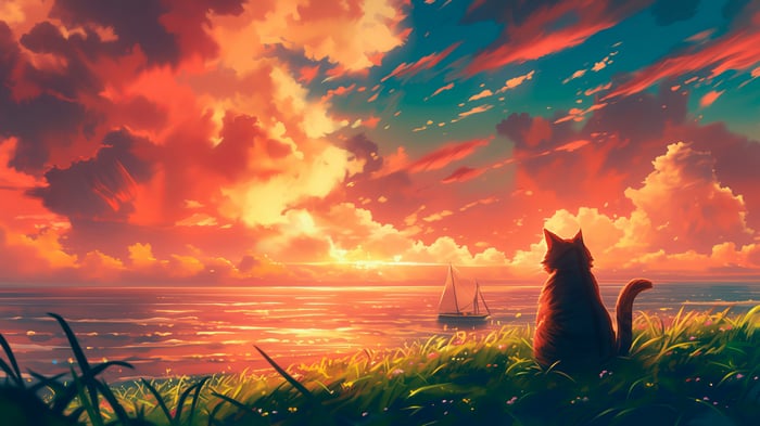 Cat watching a sunset over the ocean with a sailboat
