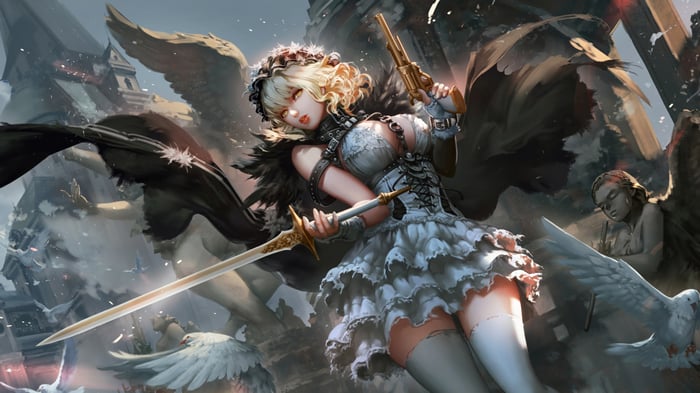 Fantasy Blonde Warrior Girl with Pistol and Sword 4K