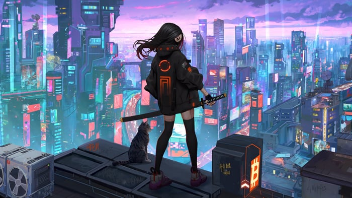 Cyberpunk Anime Girl with Cat in Neon City 4K