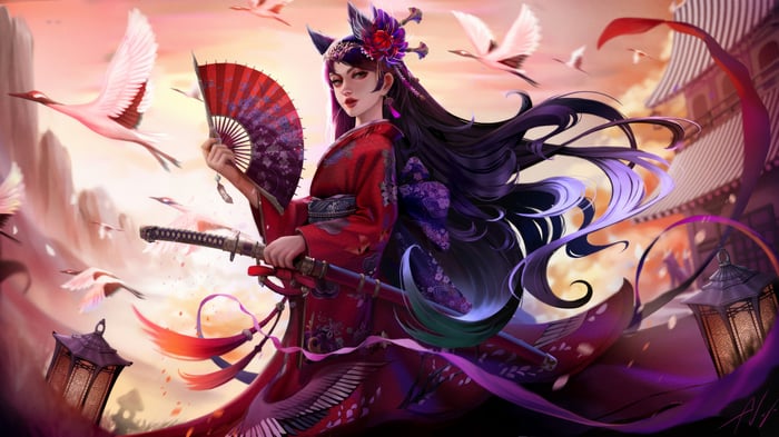 Anime Girl in Kimono with Katana and Fan